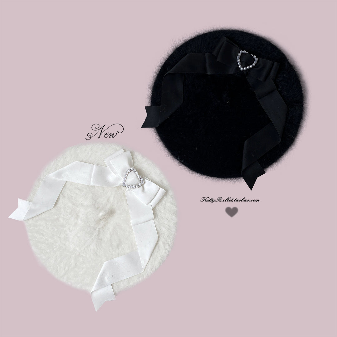 Jirai Kei Berets Sweet Heart-shaped Silk Ribbon Plush Hat (Black) 41886:717294