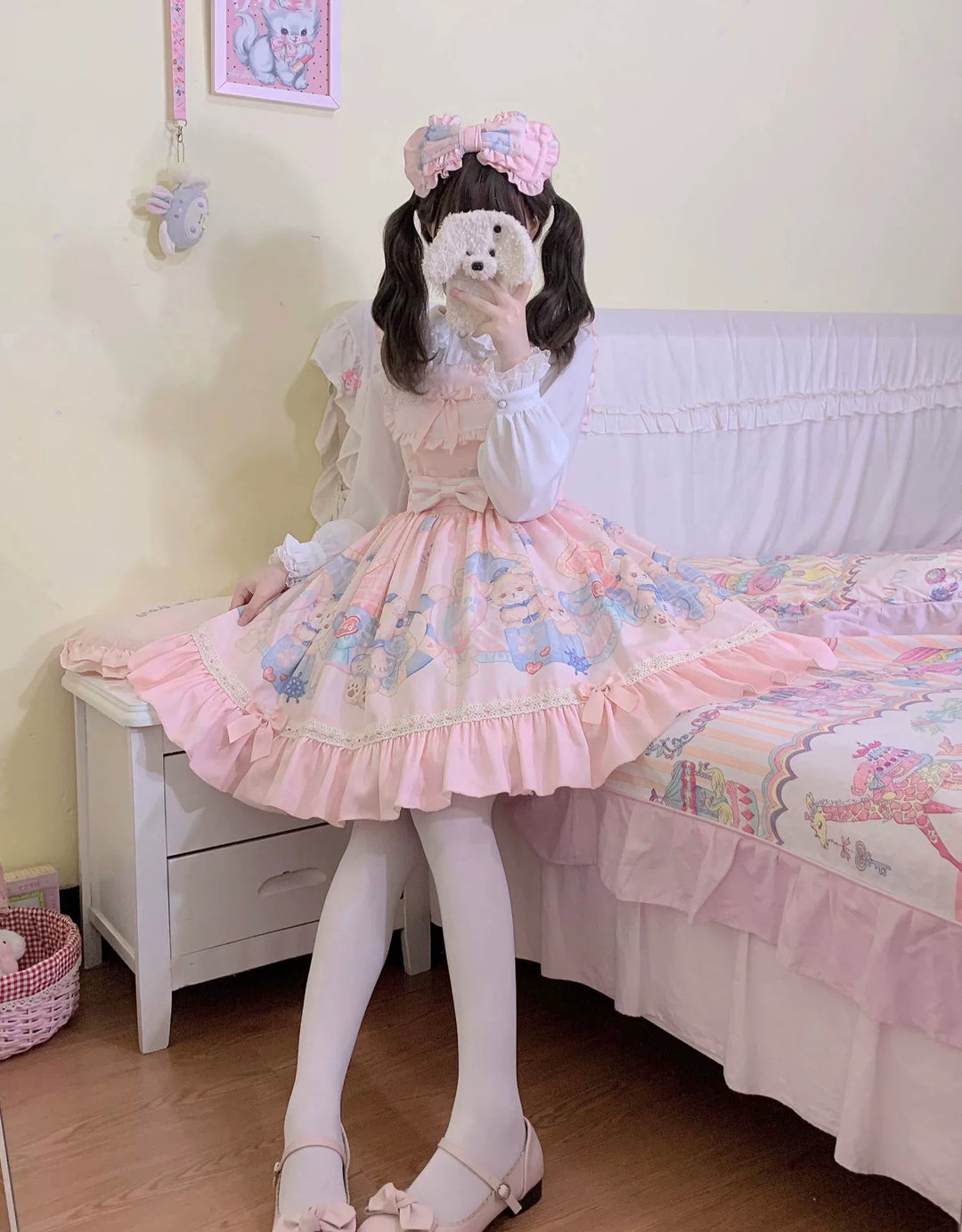 Sweet Lolita Dress Bear Print Jumper Dress Kawaii Salopette (L S) 37288:555370 (L S) 37288:555370