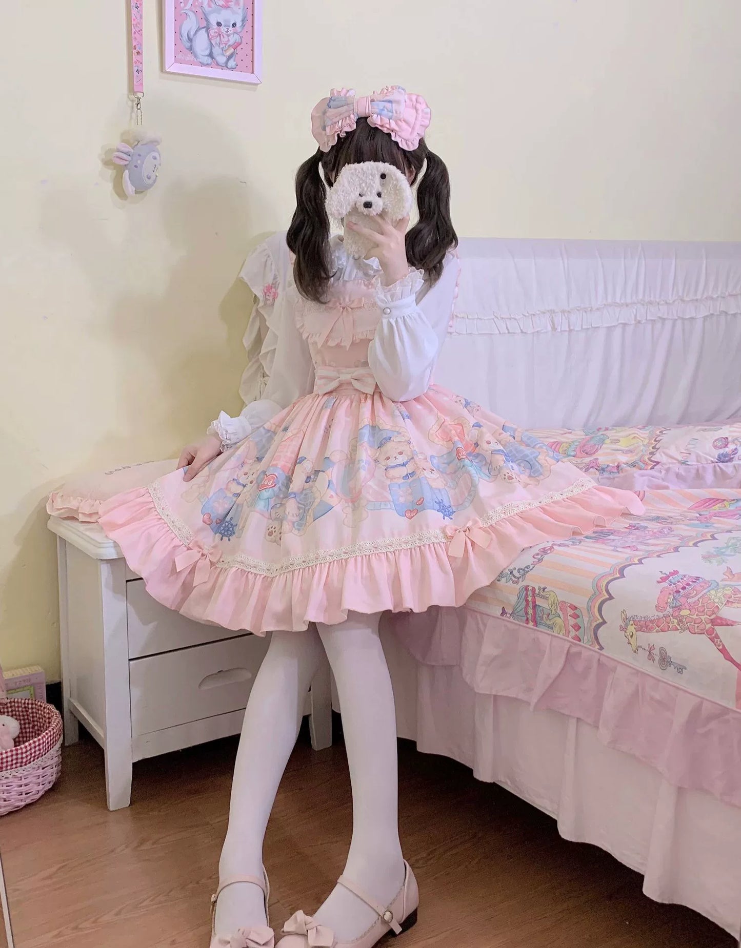 Sweet Lolita Dress Bear Print Jumper Dress Kawaii Salopette (L S) 37288:555370