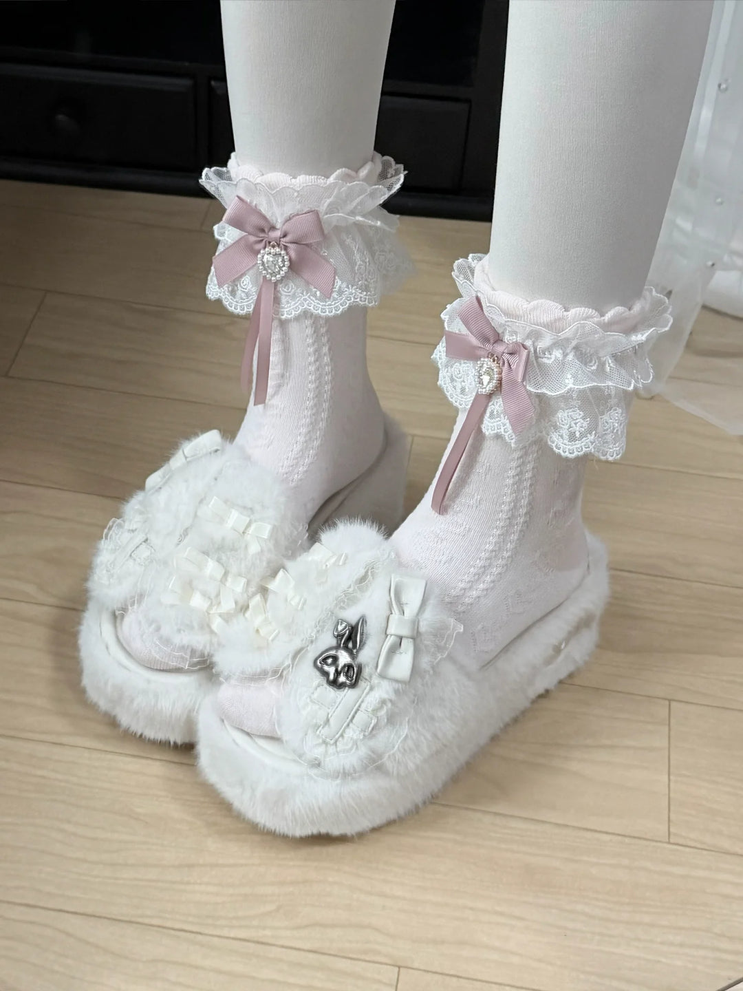 Jirai Kei Plush Wedge Platform Slippers, Bunny & Bow Accents 45959:870516