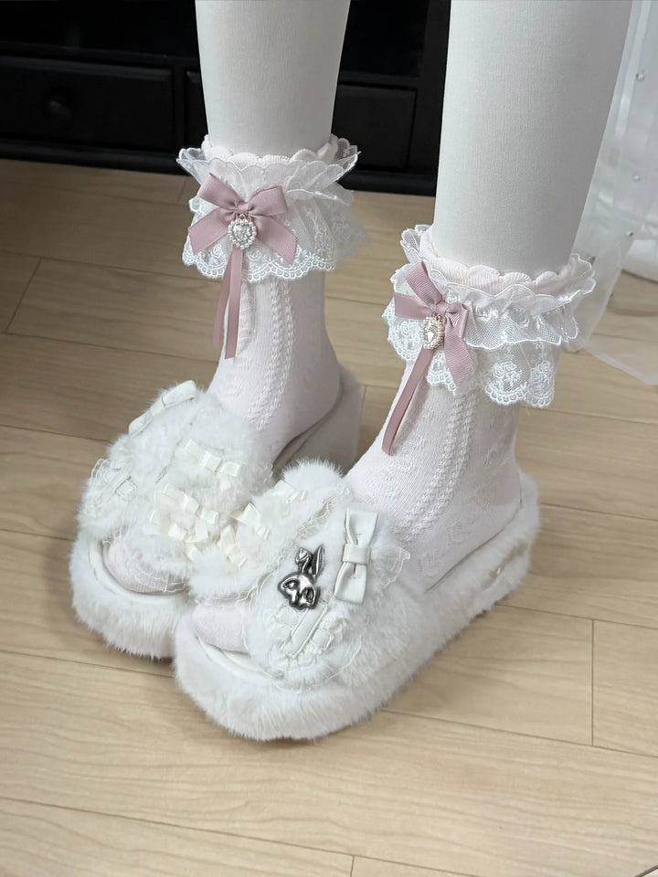 Jirai Kei Plush Wedge Platform Slippers, Bunny & Bow Accents 45959:870516
