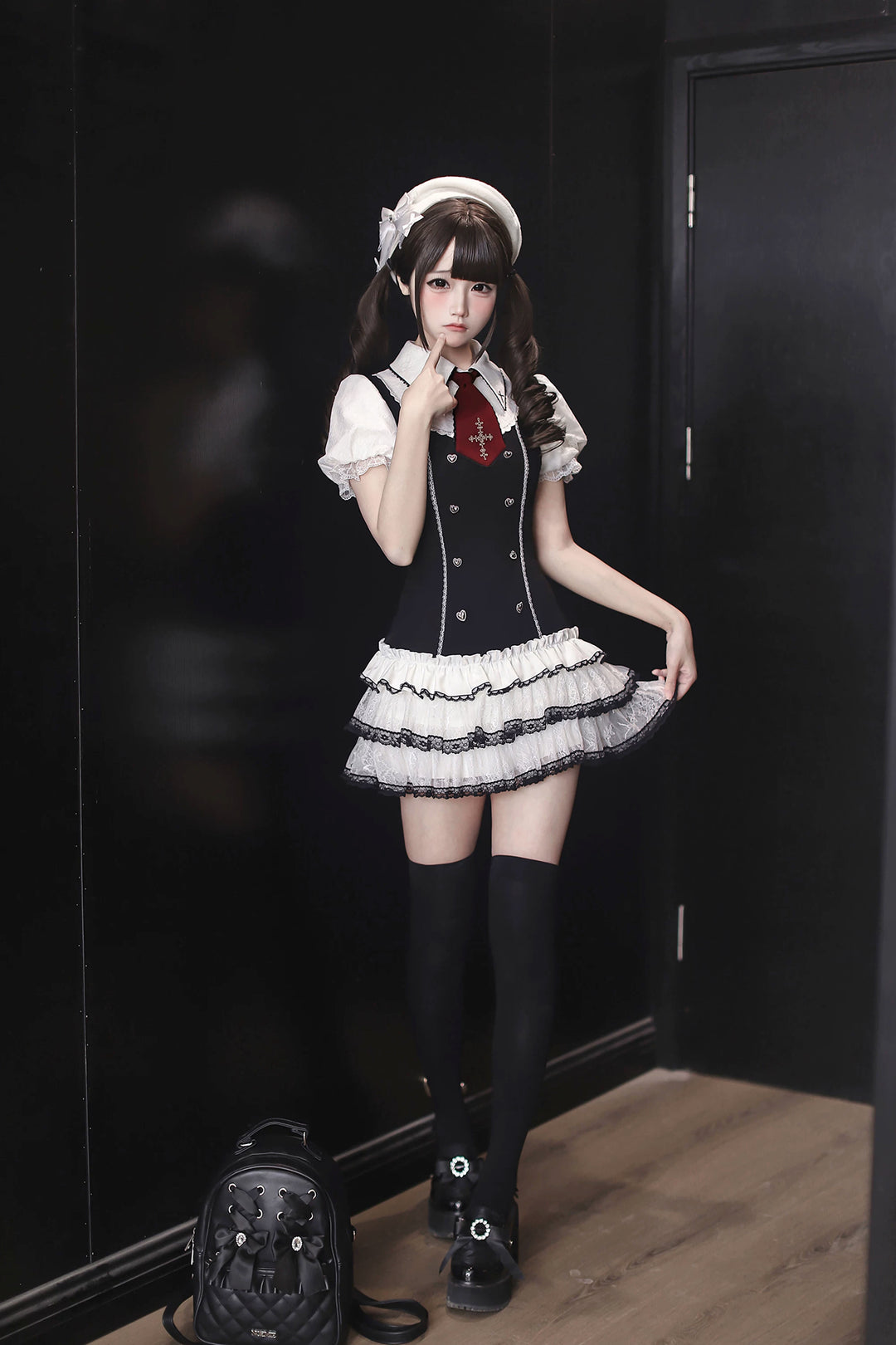 Preppy Style Low-Waist Dress Set, Cross Details 44746:823810