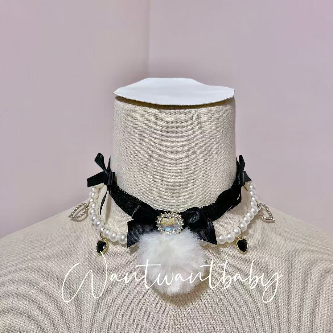 Jirai Kei Lace Choker With Bows Rhinestones And Heart-shaped Ball 42234:733379