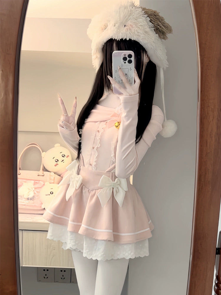 Kawaii Outfit Set Sweetheart Cat Pink Top Bow Skirt Set (L M S) 41304:692350