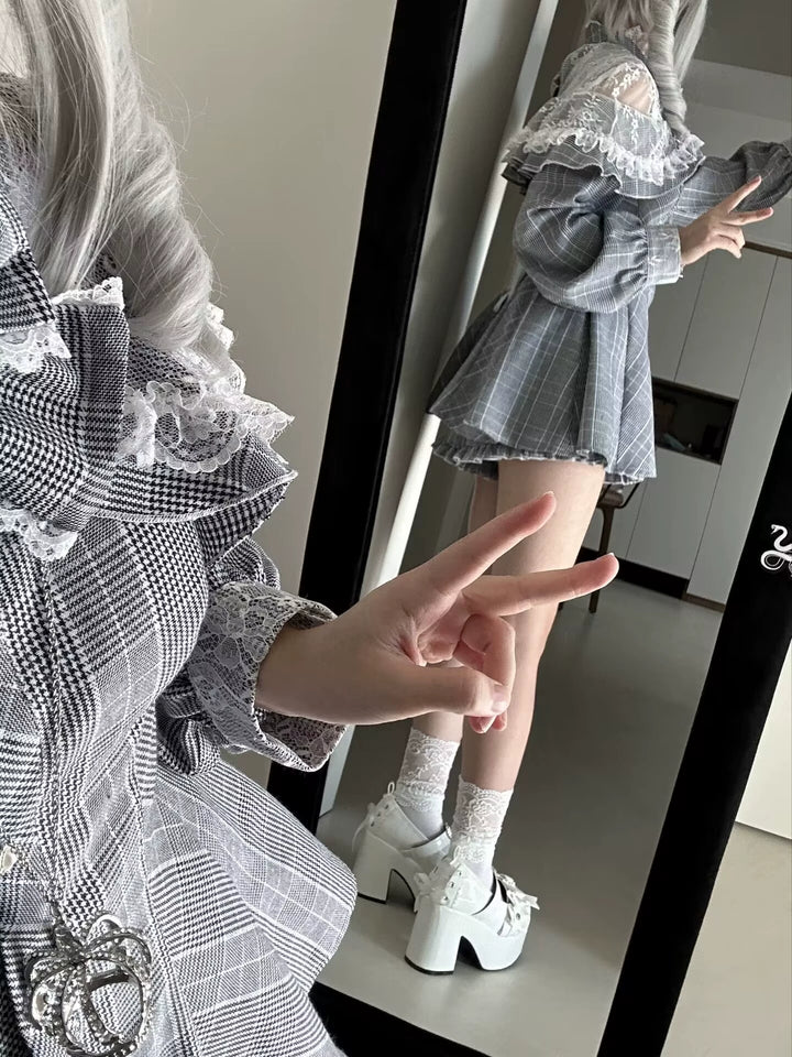 Jirai Kei Dress Set Gray Plaid Long-sleeved Dress And Shorts 41568:704960