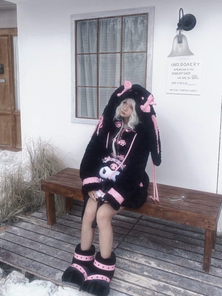 Jirai Kei Bicolor Winter Coat Plush Bunny Ear Hoodie 33590:436468 33590:436468