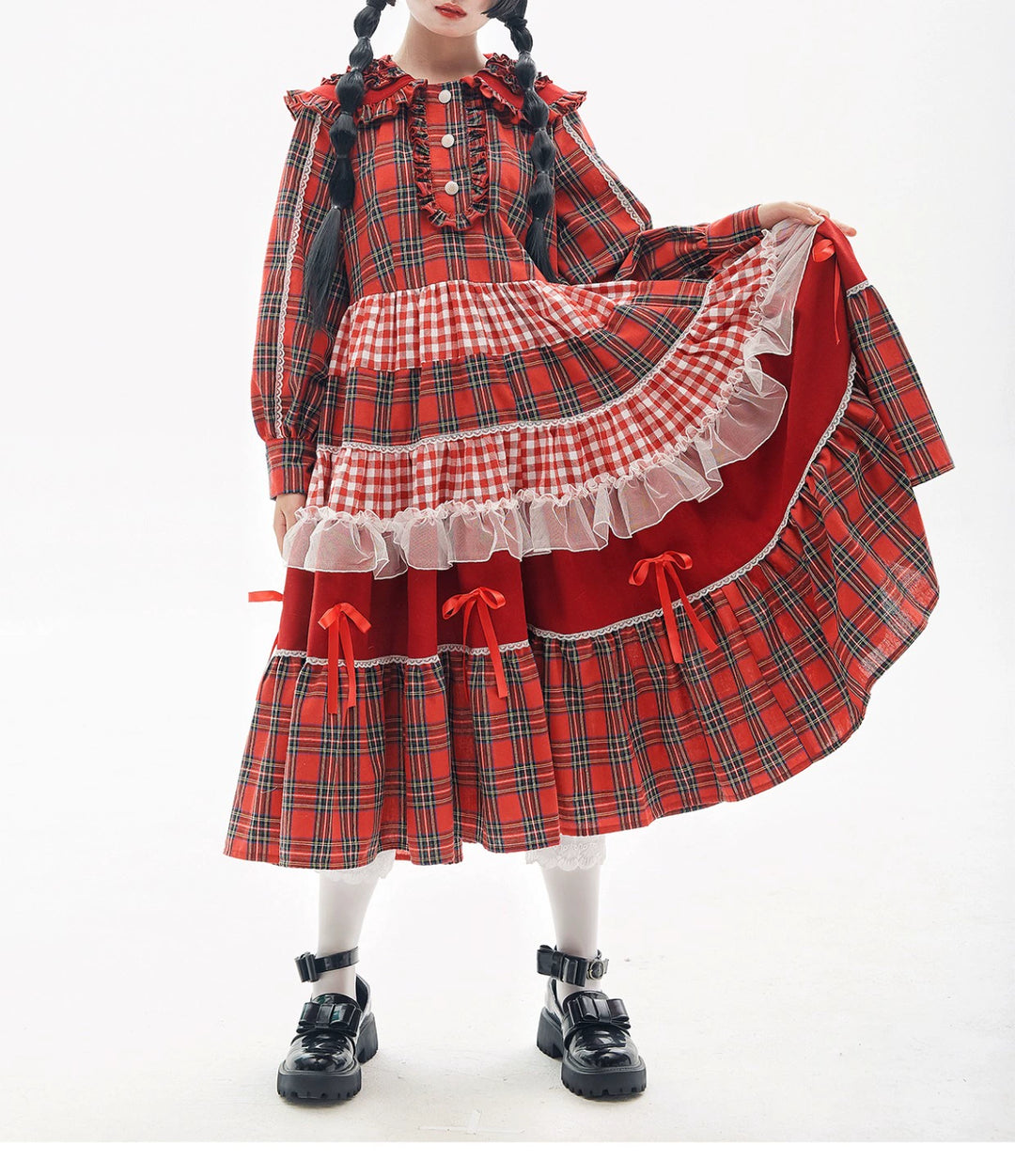 Sweet Lolita Dress Kawaii Dress Retro Dress Red Plaid Dress 36148:542760 36148:542760