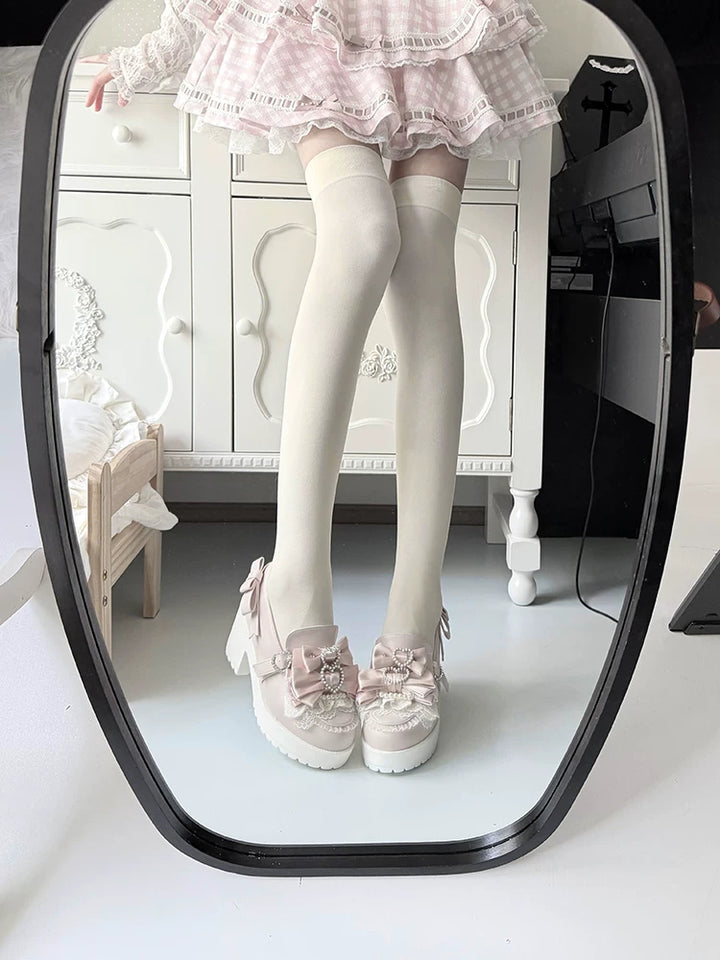 Jirai Kei Chunky Heel Slip-on Shoes, Bows and Pearls 45868:866986