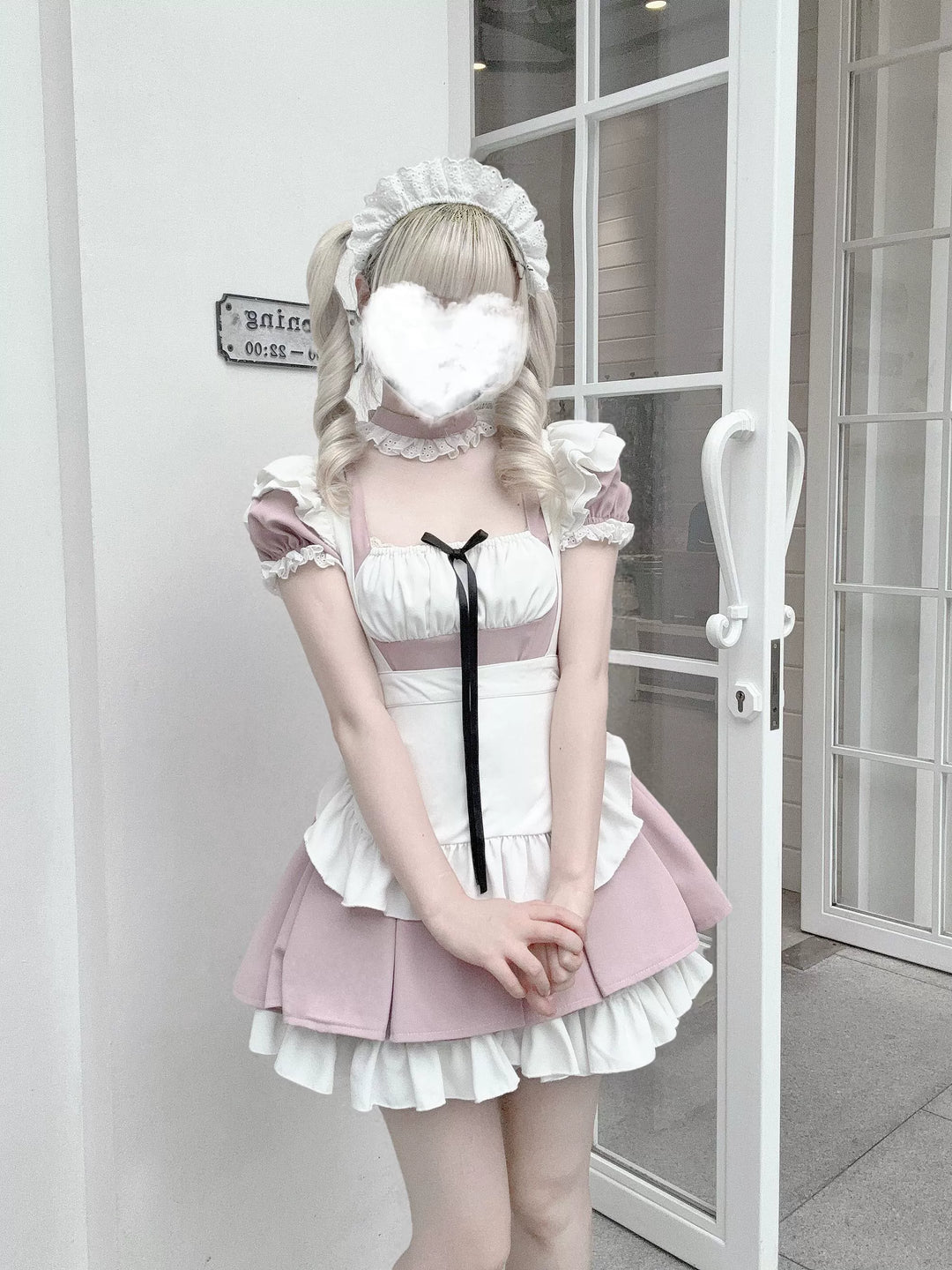 Kawaii Maid Dress, Detachable White Apron Pink Dress + Apron + Choker / M