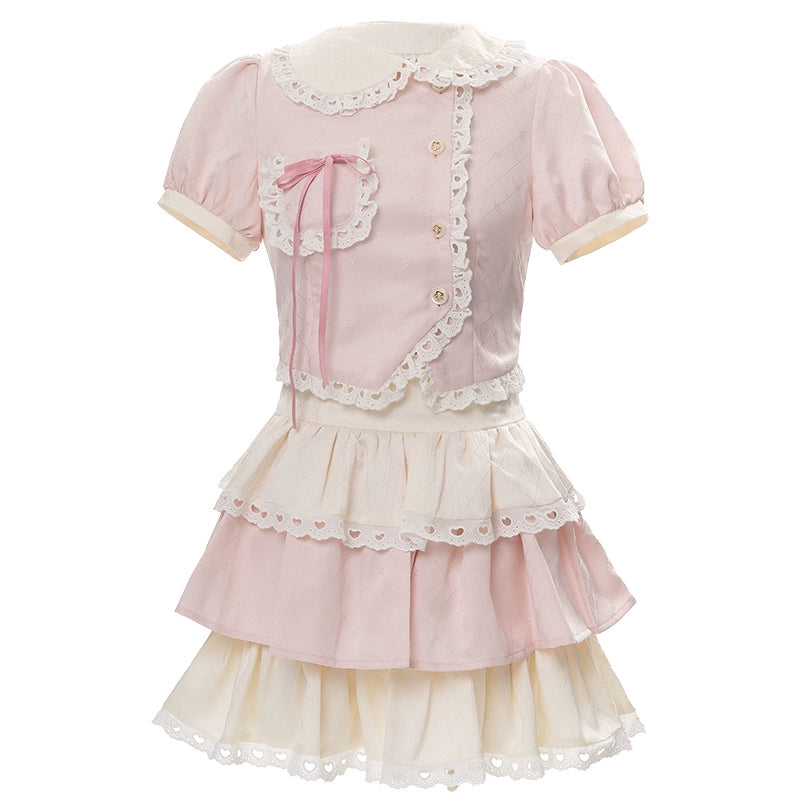 Kawaii Pink Outfit Set Sweet Tiered Skirt Set (L M S XL) 37546:576760