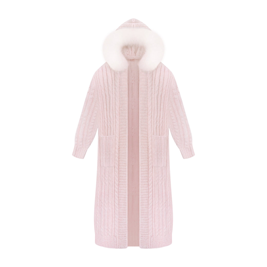 Pink Long Hooded Coat, Off Shoulder Sweater Outfit 44081:794983