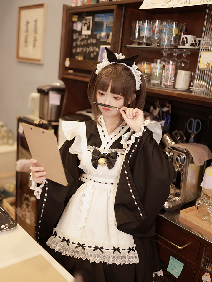 Kawaii Black Maid Blouse Flutter Sleeve Apron Suspender Skirt Set 42282:735159