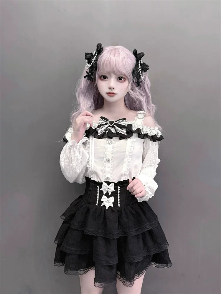 Jirai Kei Off Shoulder Blouse, Lace Layered Skirt 45576:856317