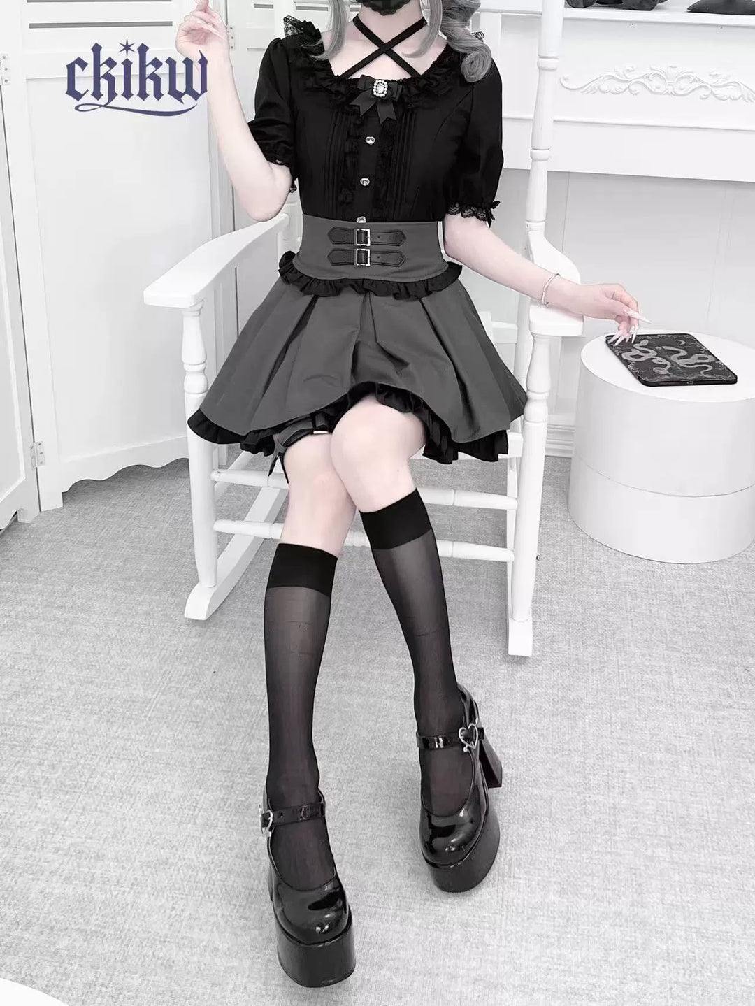 Lace Square Neck Jirai Kei Blouse, Detachable Rhinestone Bow 43611:780673