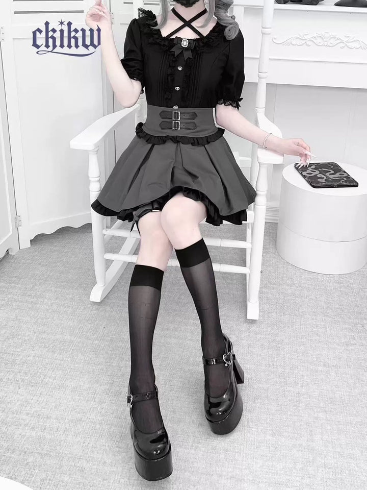 Lace Square Neck Jirai Kei Blouse, Detachable Rhinestone Bow 43611:780673