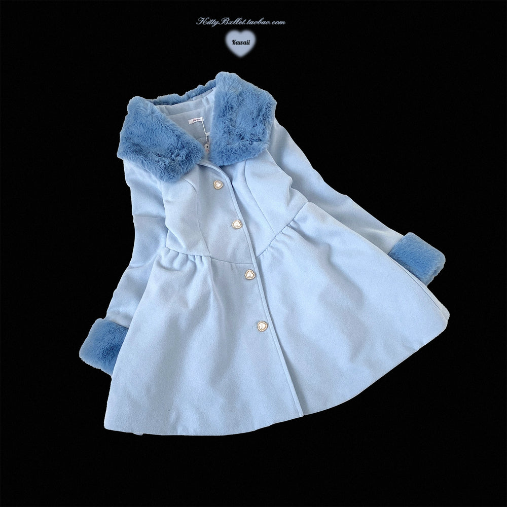 Jirai Kei Coat Detachable Fur Collar Dress Wool-like Jacket (Blue) 40416:667658