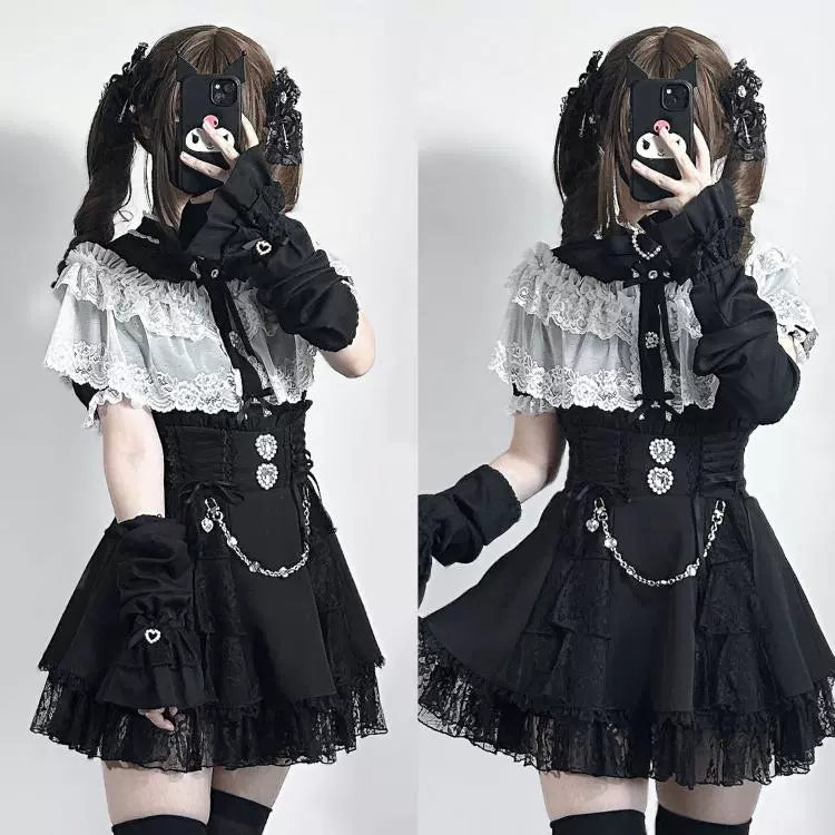 Jirai Kei Blouse with Layered Lace Cape & Detachable Sleeve 42860:755731