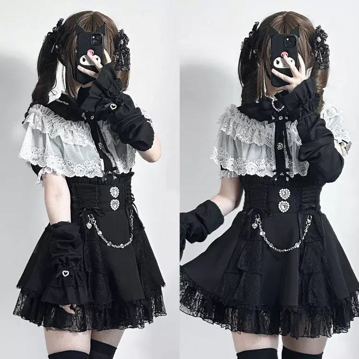 Jirai Kei Blouse with Layered Lace Cape & Detachable Sleeve 42860:755731