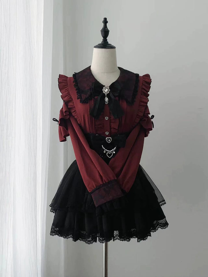 Jirai Kei Long Sleeve Blouse, Lace Overlay and Heart Buttons 44589:815165