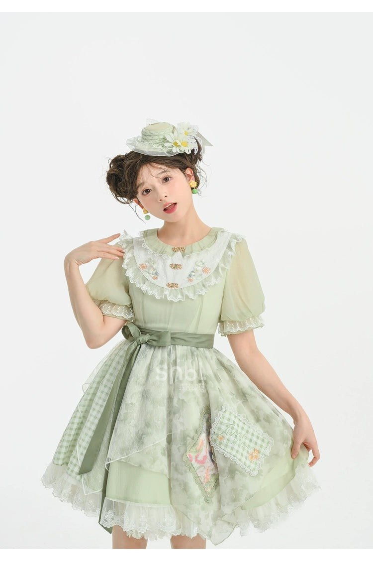 Cottagecore Dress Green Patchwork Lace Lolita Dress 35906:568354