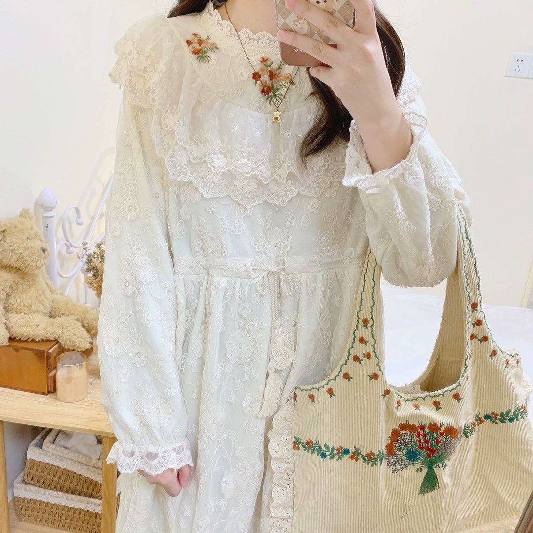 Mori Kei Dress Embroidered Lace Long Sleeve Apricot Dress 39438:640592