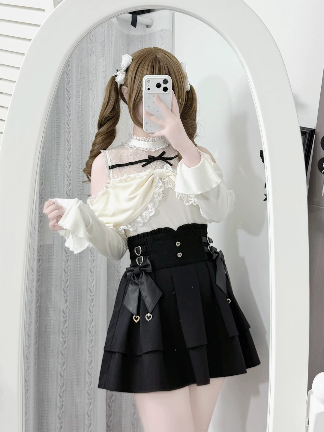 Seiso Kei Sweater and High Waist Skirt Set, Open-Shoulder 45989:871657