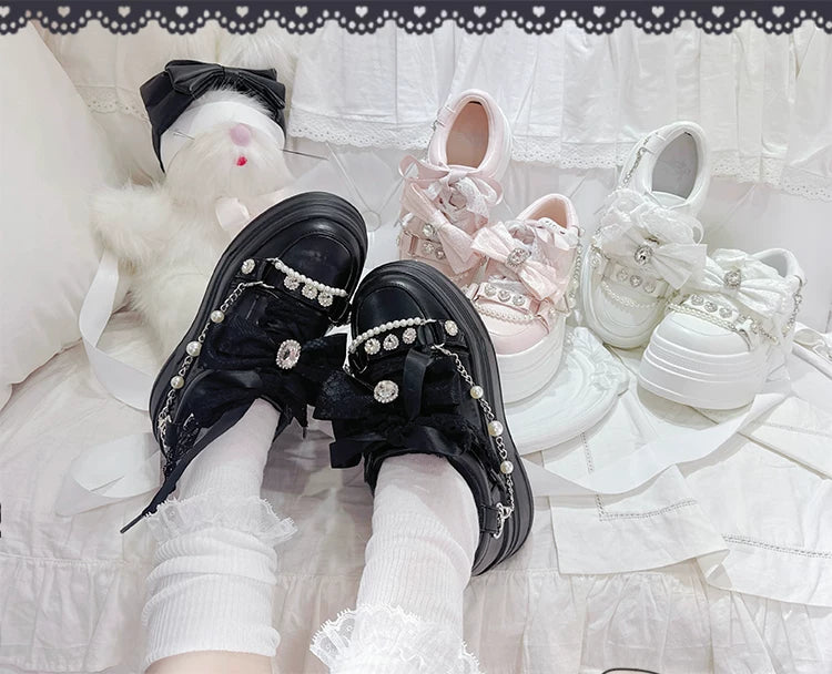 Jirai Kei Platform Shoes, Rhinestone & Pearl Chain 45866:868218