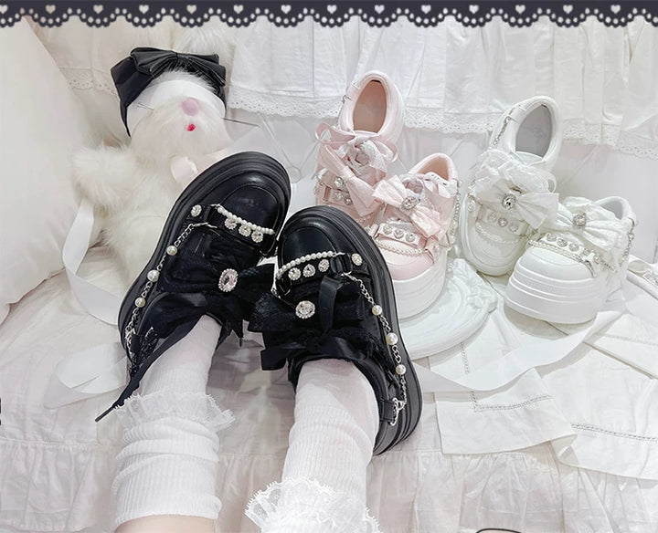 Jirai Kei Platform Shoes, Rhinestone & Pearl Chain 45866:868218