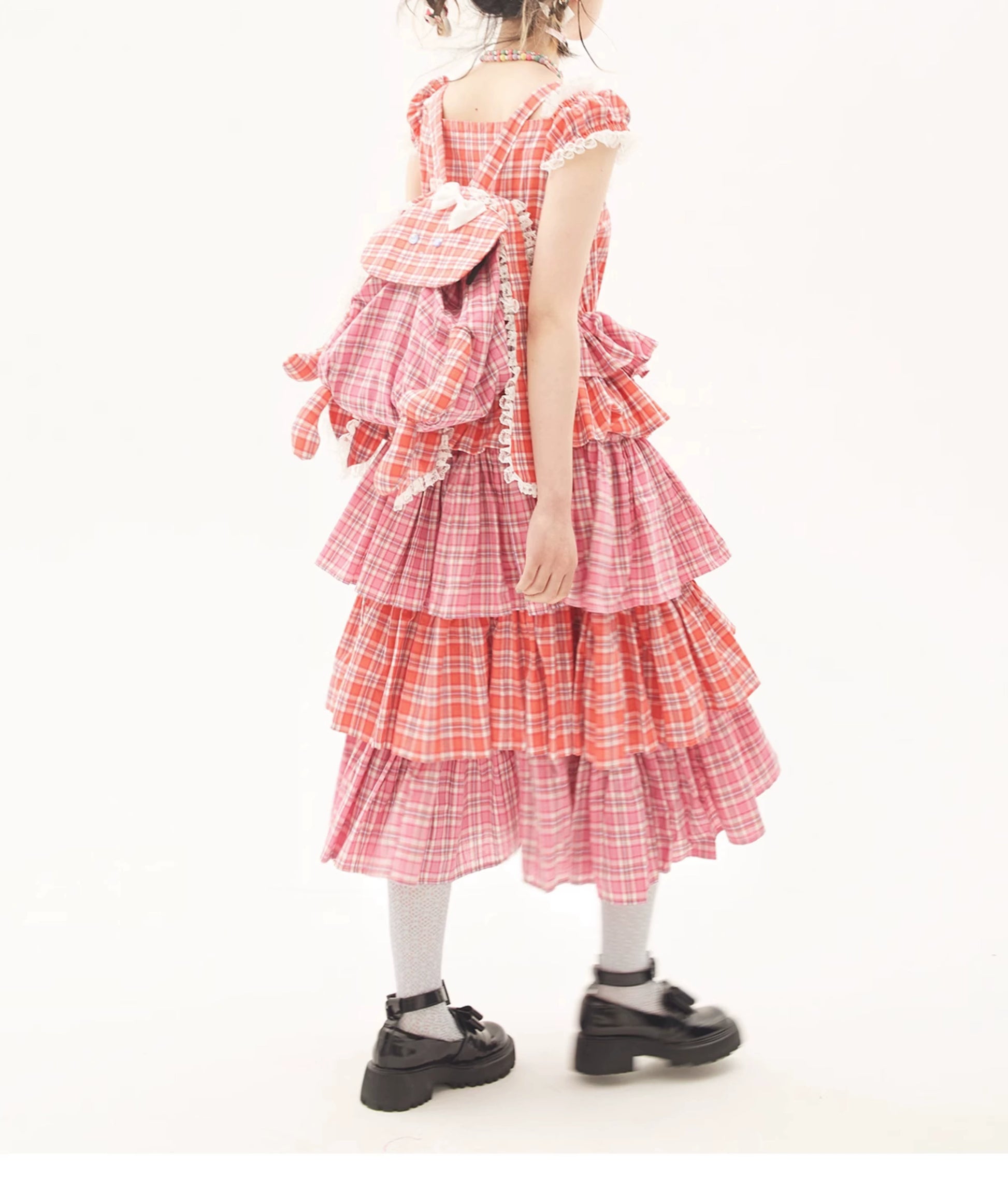 Sweet Lolita Dress Pink Plaid Dress Kawaii Layered Dress 36166:543382