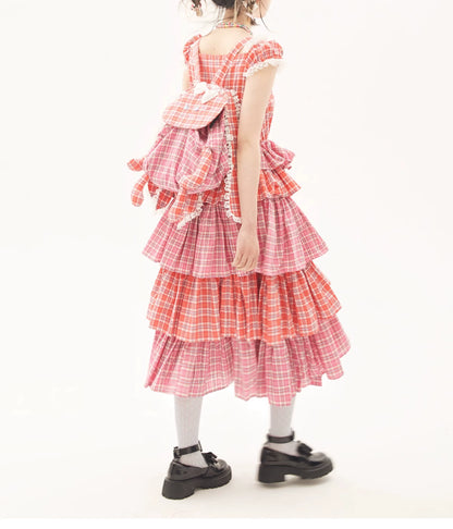 Sweet Lolita Dress Pink Plaid Dress Kawaii Layered Dress 36166:543382