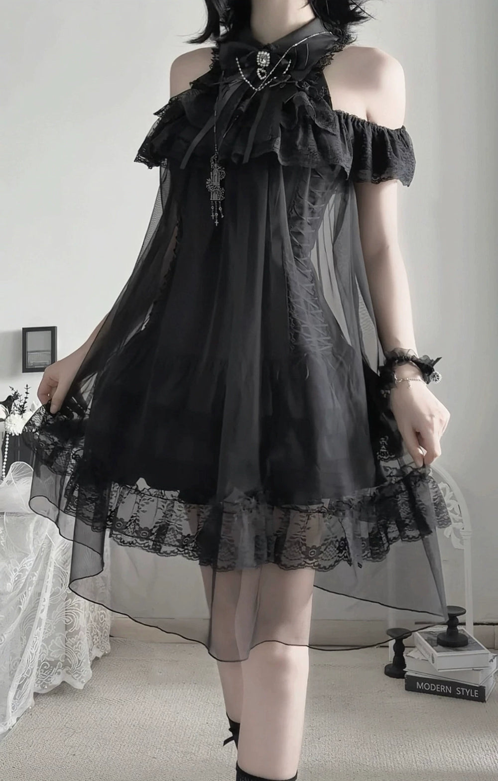 Seiso Kei Open Shoulder Dress, Black Tulle Overlay 45555:854181