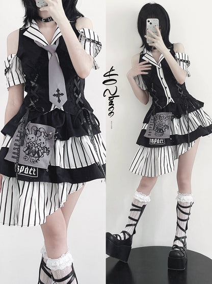 Jirai Kei Off-shoulder Striped Shirt And Ruffled Hem Skirt 37558:564050