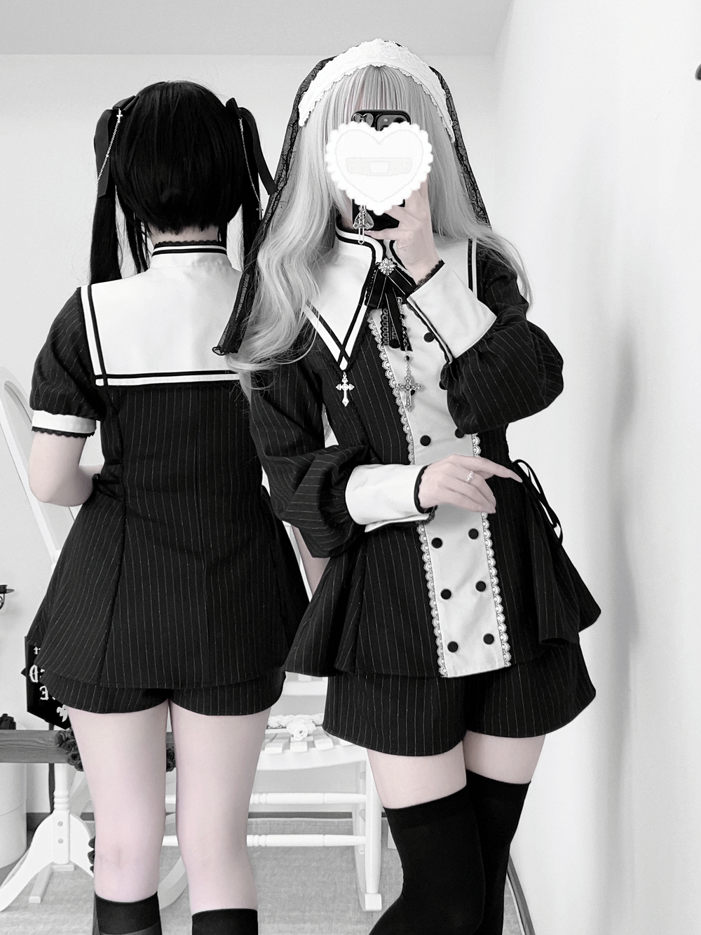Striped Jirai Kei Set Up, Detachable Collar, Long/Short Sleeve Styles 43401:775802