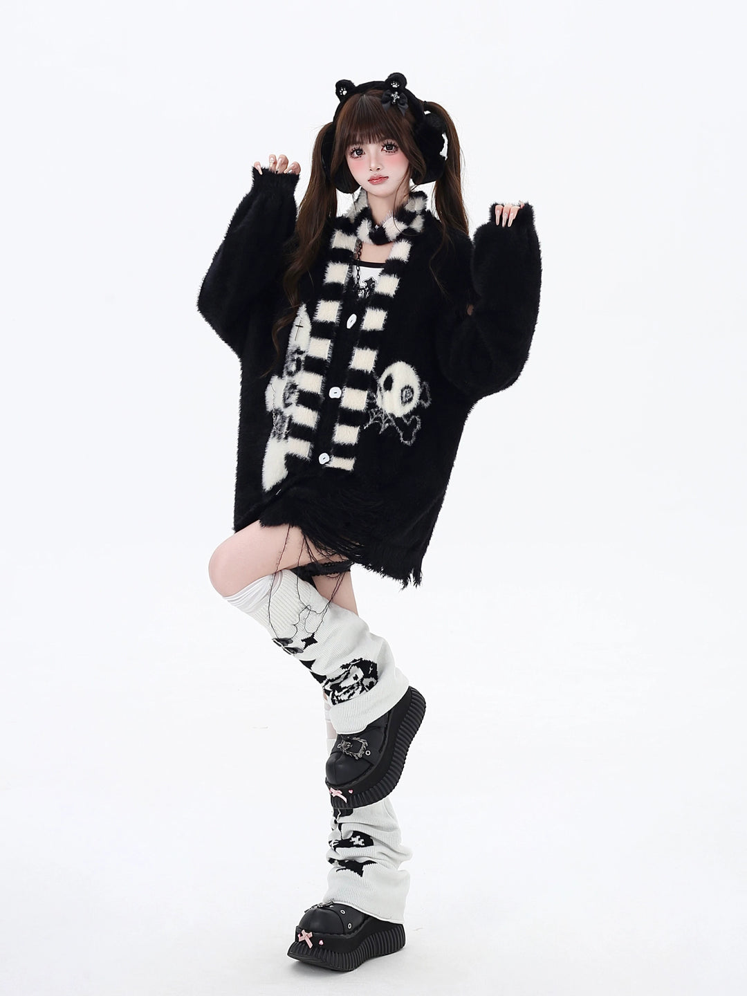 Subculture Sweater Irregular Hem Cardigan With Striped Scarf 40922:680400