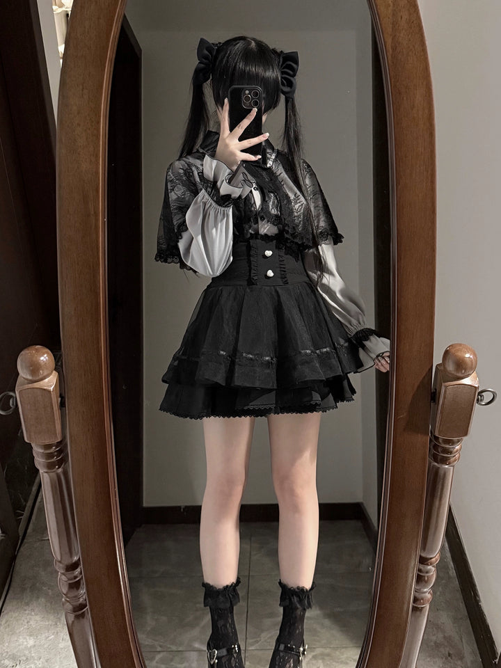 Jirai Kei Lace-cape Blouse, High-waist Skirt Outfit 43933:790394