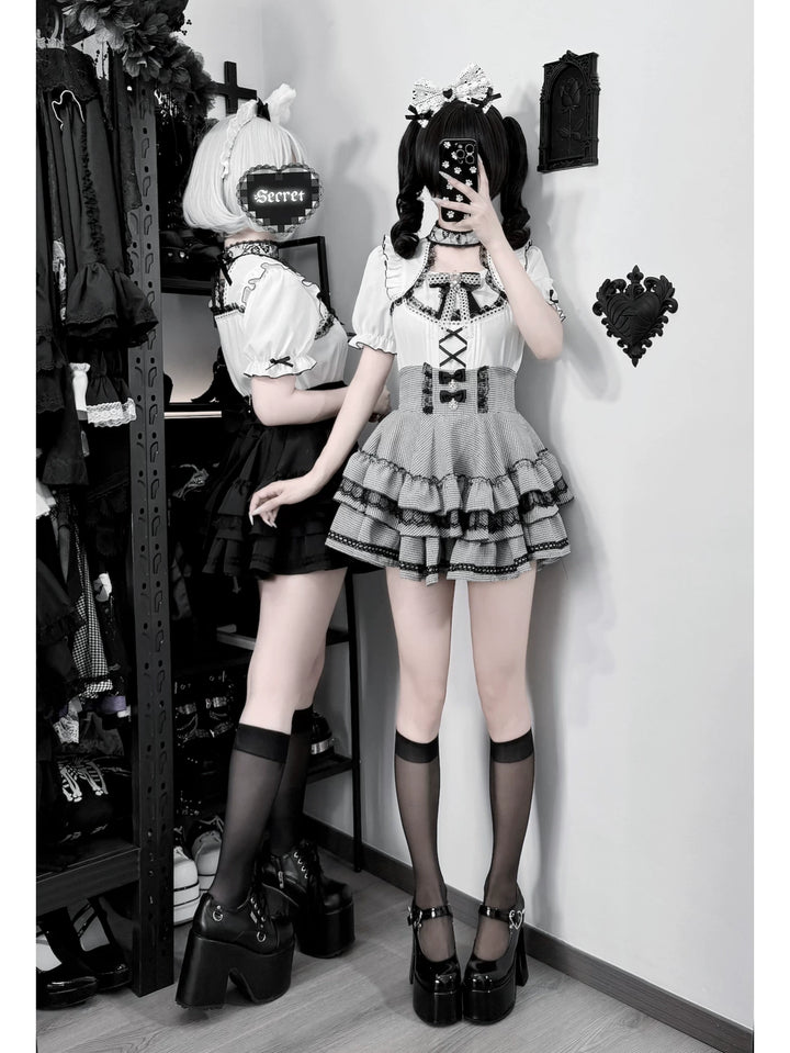 Jirai Kei Heart Lace Collar Blouse, High-waisted Tiered Skirt 45726:862555