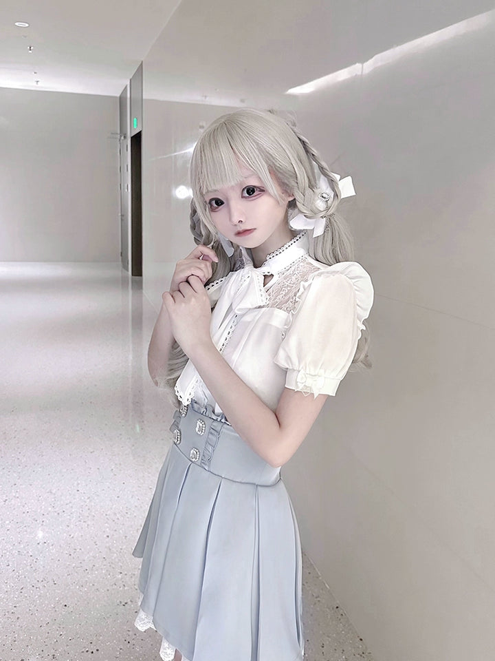 White Jirai Kei Blouse with Ribbon & Blue Pleated Skirt With Elastic Band 42979:760049