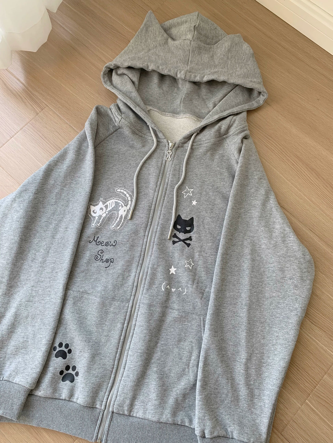 Yami Kawaii Coat Skull Cat Print Grey Hoodie Jacket 39706:637110