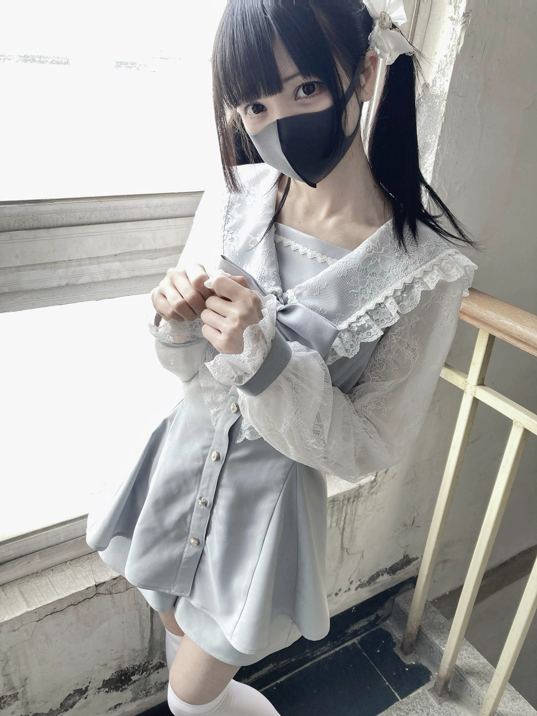 Jirai Kei Set Up Lace Sailor Collar Dress Gray Blue Dress 37638:566956 37638:566956