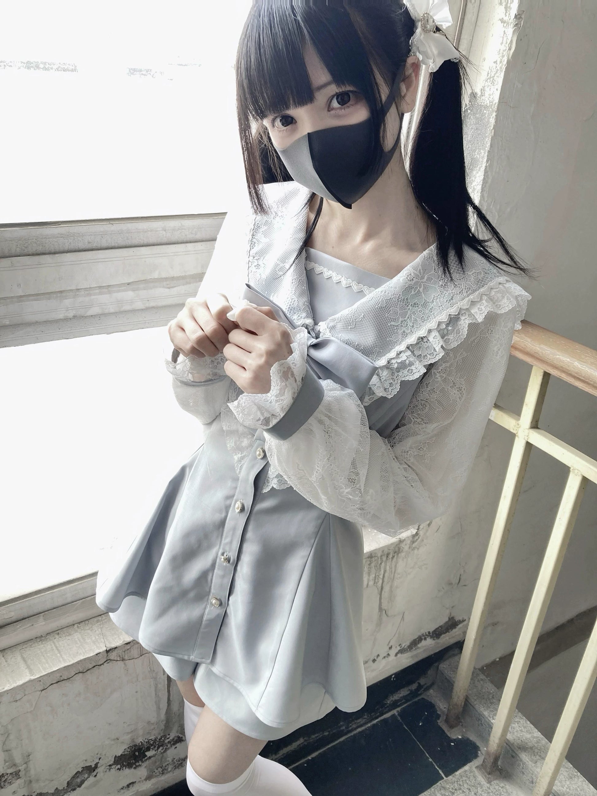 Jirai Kei Set Up Lace Sailor Collar Dress Gray Blue Dress 37638:566956
