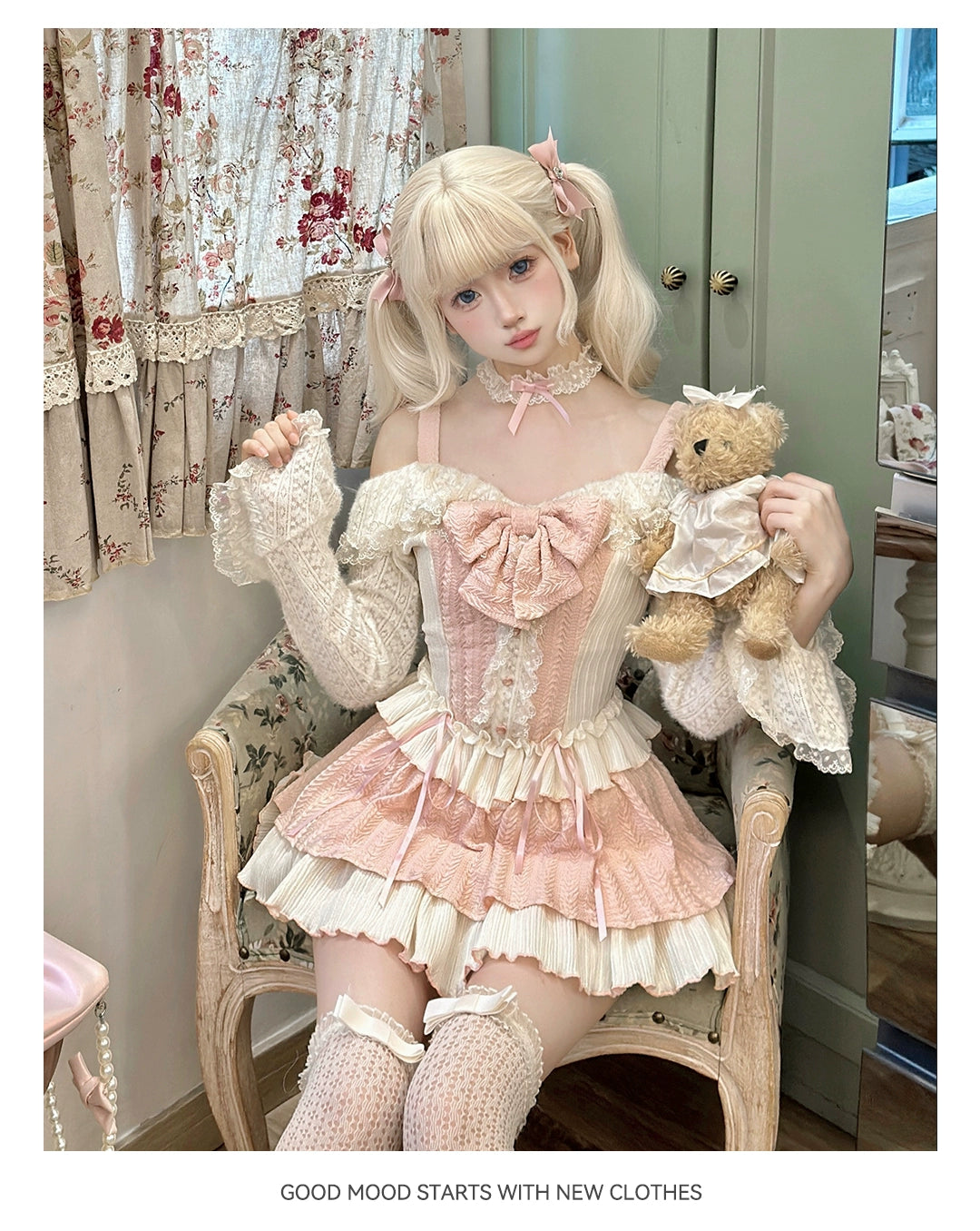 Gyaru Fashion Outfit Sets Sweet Pink Top And Skirt Set 37006:546044