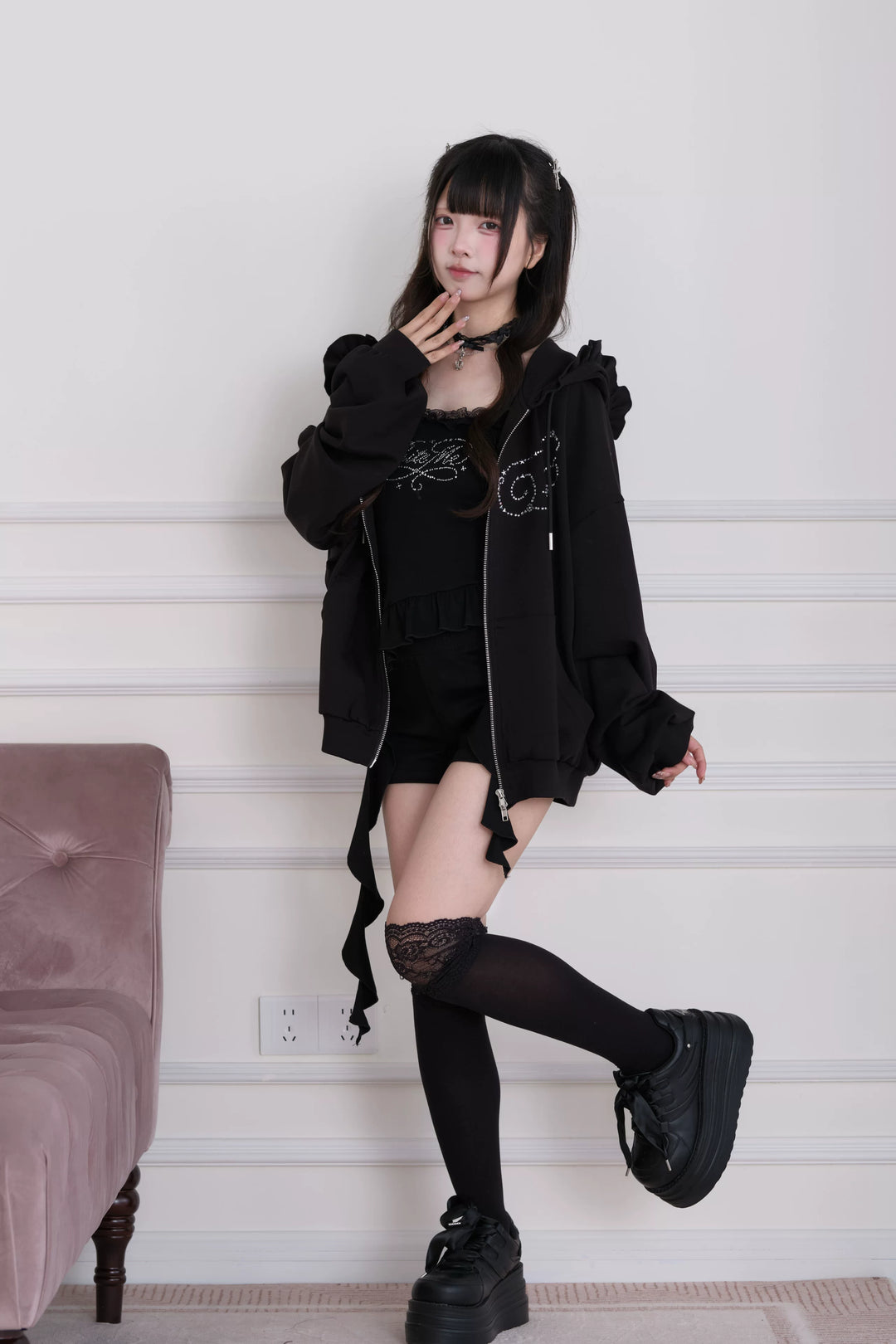 Sporty Hoodie Jacket 4-Piece Set, Hot-Fix Rhinestone 45857:865890