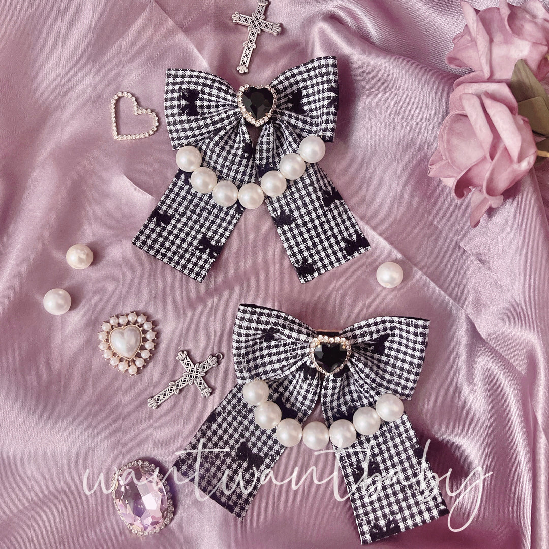 Handmade Jirai Kei Lolita Plaid Lace Pearl Bow Hair Clip 21764:314828