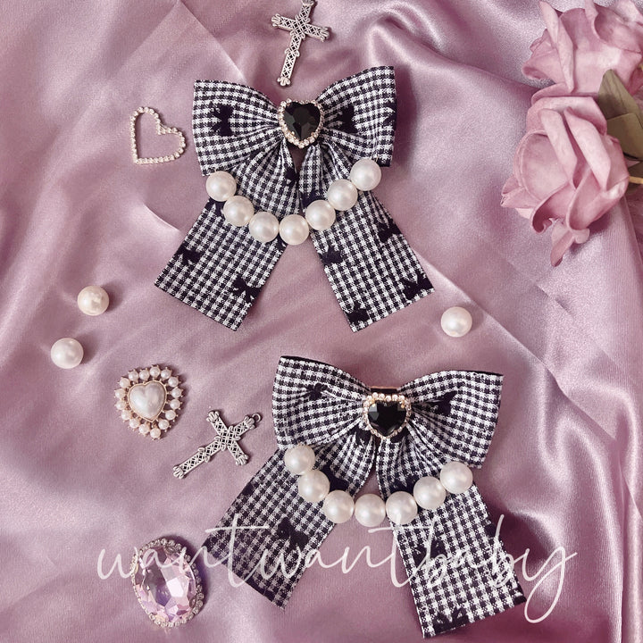 Handmade Jirai Kei Lolita Plaid Lace Pearl Bow Hair Clip 21764:314828 21764:314828