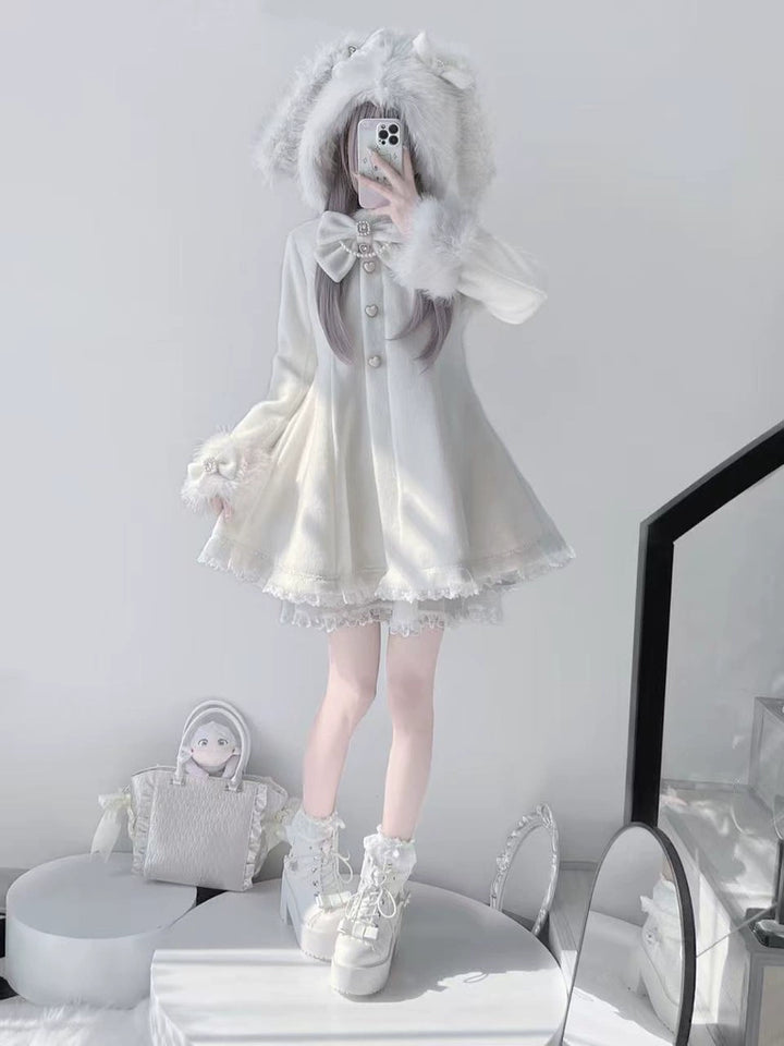 Wool-Blend Jirai Kei Coat, Bunny Ear Hood and Bows 44013:793015
