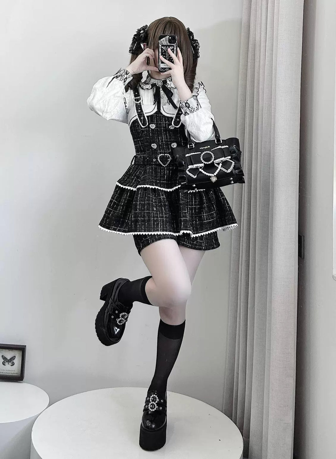 Tweed-like Jirai Kei Suspender Skirt, Matching Shorts 44178:799990