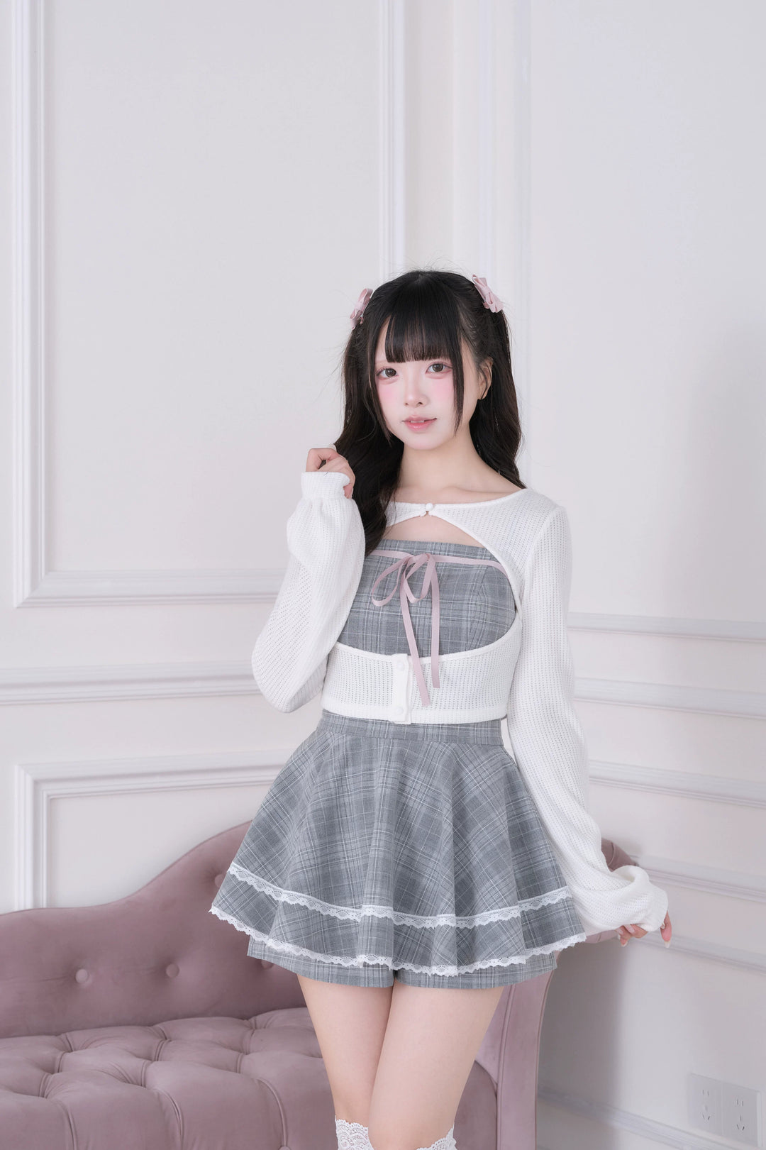 Ryousangata Plaid Dress, Knit Bolero & Elastic Shorts (White / M S) 44815:822708