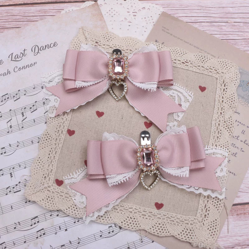 Jirai Kei Bowknot Shoe Clips, Heart Rhinestones 45069:833561