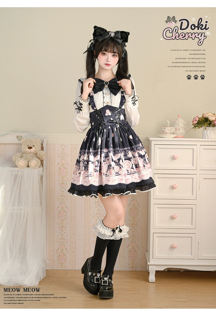 Kawaii Ryousangata Dress Long-sleeved Cat Printed OP Dress 40560:664796