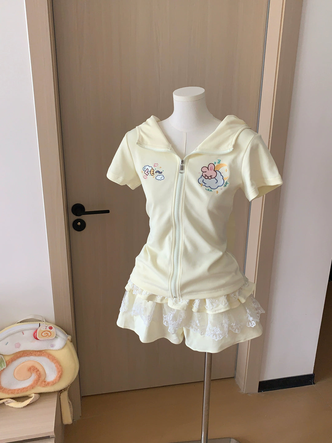 Bunny Eared Kawaii Zip Up Sweatshirt + Lace Skirt 43562:779967